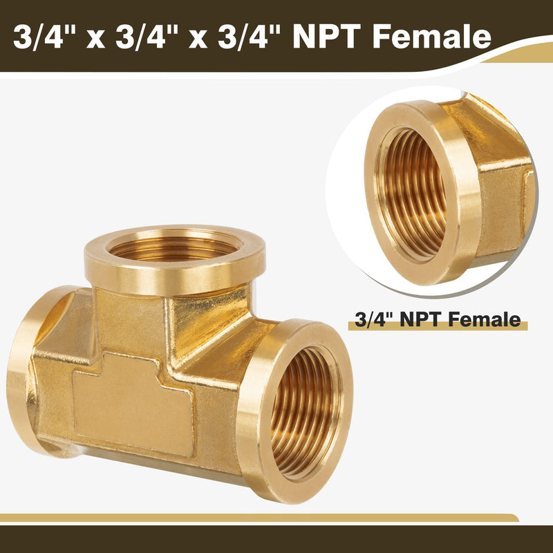 Brass Pipe Fitting, Tee, 3/4" x 3/4" x 3/4" NPT Female 3 Way T-Connector for Gas, Air, Oil, Propane (1-Pack) 3/4"-1Pack 3Female（Common Tee）