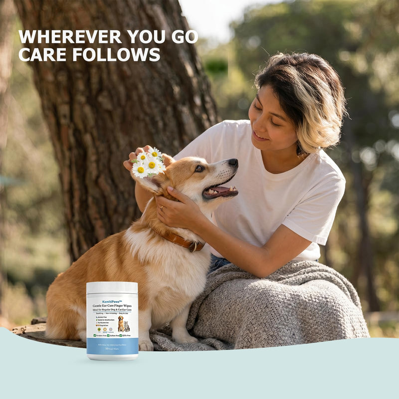 Dog Ear Finger Wipes for Dogs & Cats, Removes Ear Wax & Buildup, Better Than Ear Drops, Larger No-Slip Finger Fit for Better Control, Aloe Vera & Witch Hazel, Gentle for Sensitive Ears - 50 Count