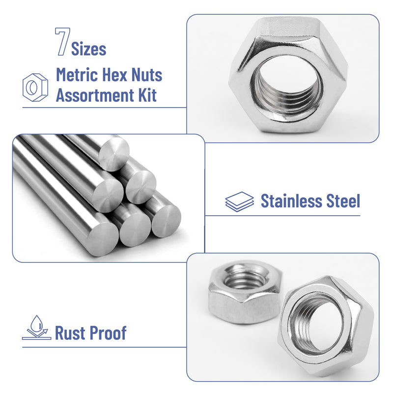 Mr. Pen- Metric Hex Nuts Assortment Kit, 145 pcs, Stainless Steel, Metric Nut Assortment 7 Sizes (M3 M4 M5 M6 M8 M10 M12), Hardware Nuts, Metric Nuts, Machine Nuts, M6 Nut, M3 Nuts, M8 Nut, M4 Nuts