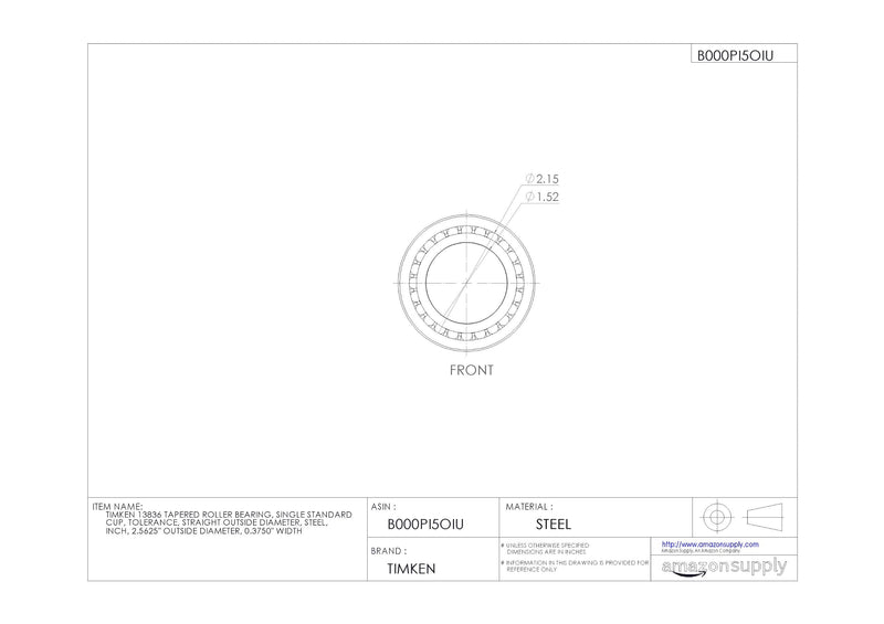 TIMKEN 13836 Tapered Roller Bearing, Single Cup, Standard Tolerance, Straight Outside Diameter, Steel 0.030" Max Housing Fillet Radius