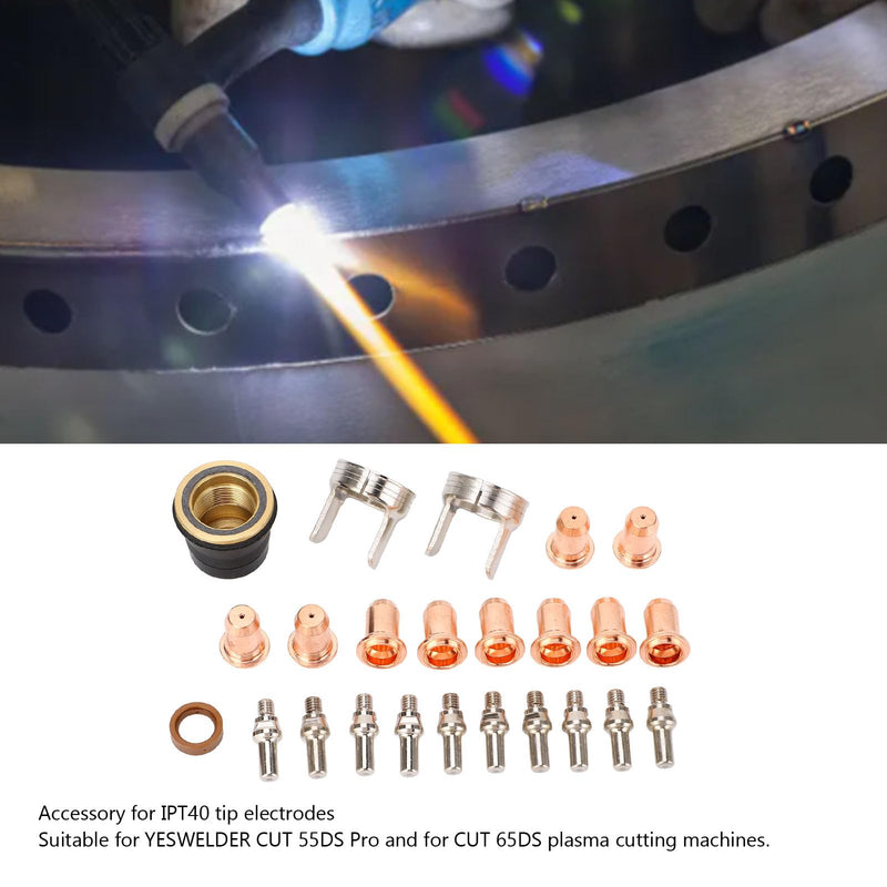 24Pcs IPT40 Plasma Cutter Consumables Set, Plasma Cutting Torch Accessories, Brass Electrode Kit Compatible with YESWELDER CUT 55DS Pro/CUT 65DS Plasma Cutter