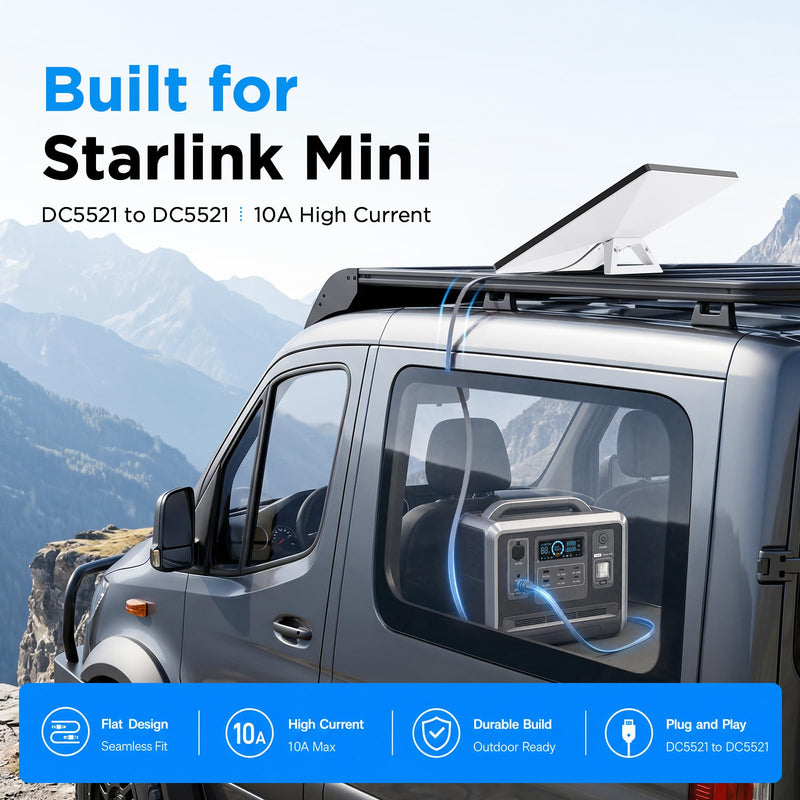 Flat Starlink Mini DC Power Cable 16.4FT/ 5M 18AWG for Window Passthrough | Ultra-Thin Anti-Pinch Waterproof Replacement Cord, Ideal for RV, Van, Truck, Camping & Outdoor All-Weather Use