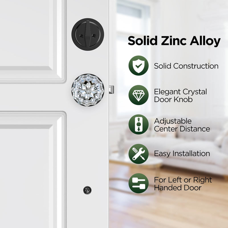 Black Front Door Handle and Deadbolt Set, Classic Front Door Lock Set with Crystal Glass Door Knob, Reversible Entry Door Handle for Right&Left Handed, Matte Black