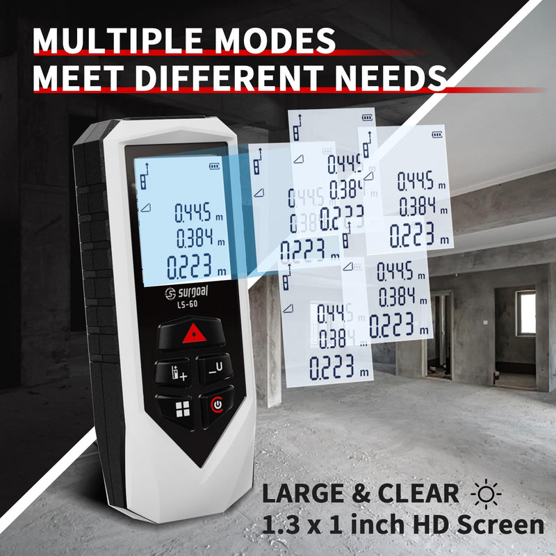 Laser Measure High Accuracy 196/328ft Digital Laser Distance Meter LCD Backlit for Measuring Pythagorean Area Volume Mode Portable Durable One Size 60M/196FT