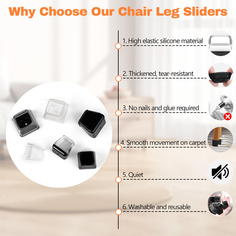 28Pcs Chair Leg Sliders for Carpet, Furniture Sliders Chair Glides Carpet Protectors, Chair Leg Floor Protectors for Hardwood Floors, Chair Leg Covers Caps Furniture Pads, Square, Clear, Large Square L (1.10"-1.42") Clearblack-28pcs