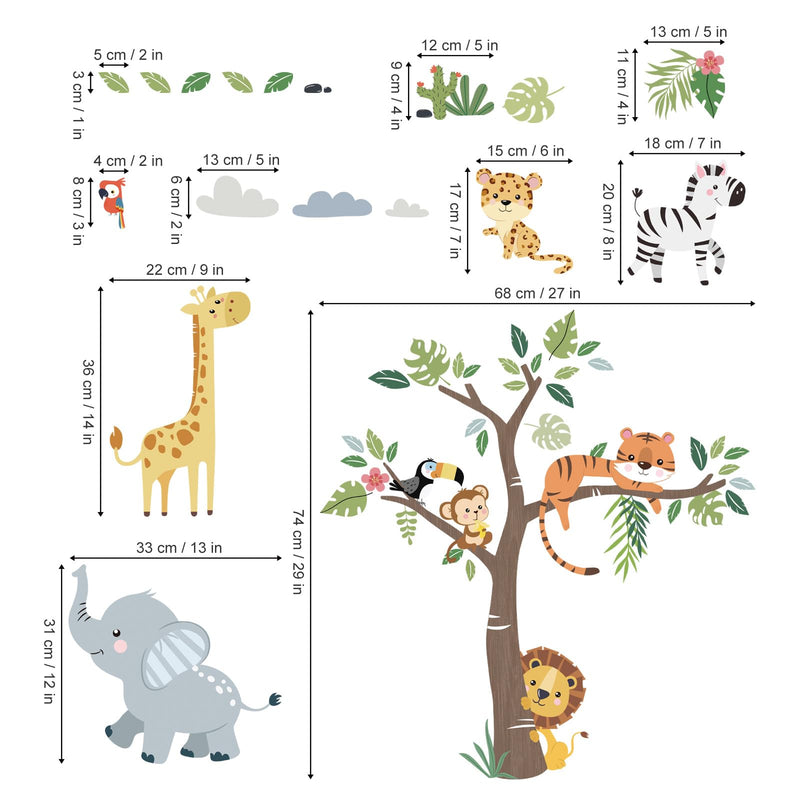 decalmile Jungle Animals Tree Wall Decals Elephant Giraffe Lion Safari Wall Stickers Baby Nursery Kids Bedroom Living Room Wall Decor C