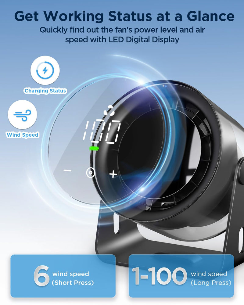 EasyAcc 7" Small Rechargeable Desk Fan Personal Cooling, 6000mAh Battery Black