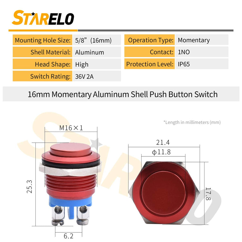 STARELO 16MM 5/8" Momentary Push Button Switch High Round 250V AC 5A 12V 36V DC 2A 1NO SPST Waterproof Aluminum Shell(Red). Red