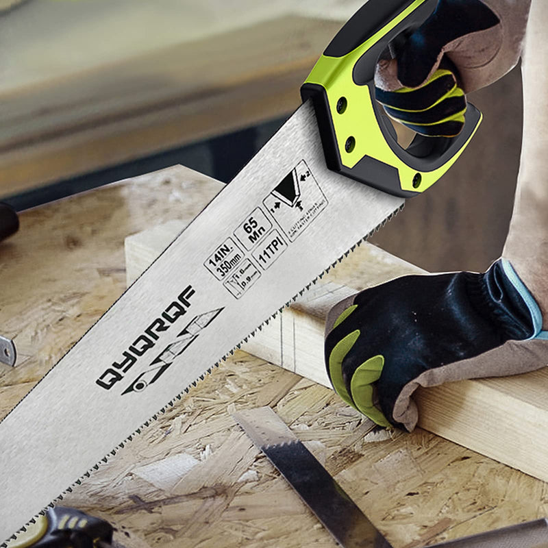 14 in. Pro Hand Saw, 11 TPI Fine-Cut Soft-Grip Hardpoint Handsaw Perfect for Sawing, Trimming, Gardening, Cutting Wood, Drywall, Plastic Pipes, Sharp Blade, Ergonomic Non-Slip Handle (green) Green
