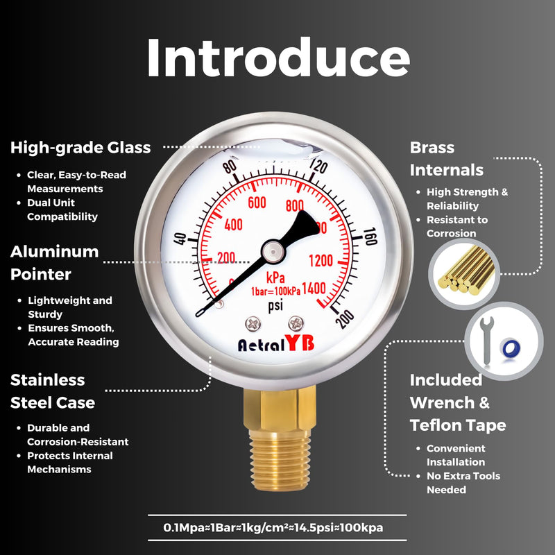 0-200 Psi 2-Inch Waterproof Pressure Gauge, Liquid-Filled, 1/4" NPT Lower Mount, Stainless Steel, Pressure Gauge for Water Pumps, Oil Systems, Pneumatic Air, and Pool Sand Filters 0-200psi