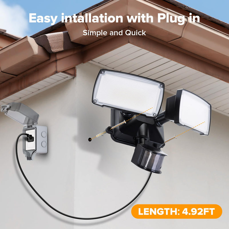 LUTEC 21W Plug in Motion Sensor Light Outdoor, Flood Lights Outdoor Motion Sensor,2500LM, 5000K Daylight,IP65 Waterproof,Adjustable 2 Heads Wall Light for Garage, Porch, Yard - Black 1 Pack