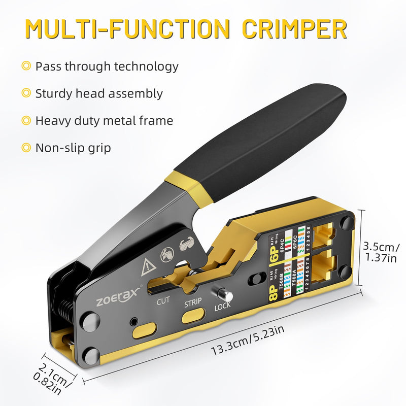 RJ45 Crimping Tool Ethernet Crimp Tool Crimper for RJ11/RJ12 Standard, RJ45 Pass Through Connectors, Yellow