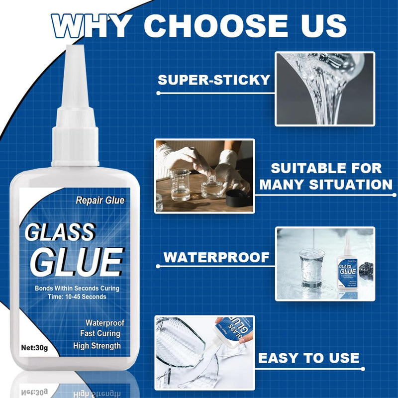 Glass Glue, Glass Glue Clear, Glass Repair, 30g Waterproof Heat Resistant Super Glass Adhesive for Glass to Glass Bonding Repair Mirrors Dishwasher and More, Super Quick Clear Glue for Glass Repair