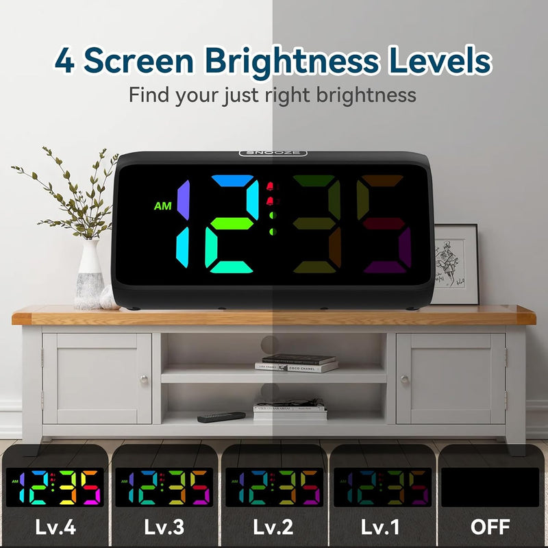 Netzu Loud Alarm Clock for Heavy Sleepers, RGB Alarm Clocks for Bedrooms Seniors Kids, Plug in Digital Clock with 5 Dimmers, 2 Alarms, 4 Volumes and Snooze Black