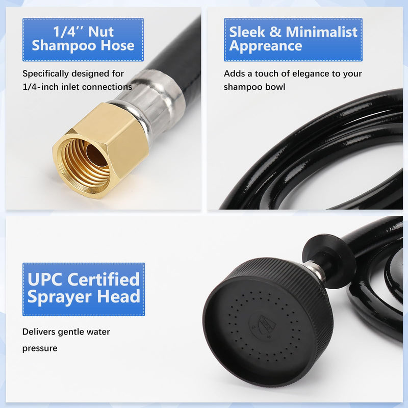 2 Pack UPC Certified Salon Shampoo Bowl Sprayer Head Hose Kit - 1/4" Thread to Attach Shampoo Bowl Faucet for Barber Shop Spa, Black Rubber Salon Sink Shampoo Bowl Hose Replacement Part 2 Pack