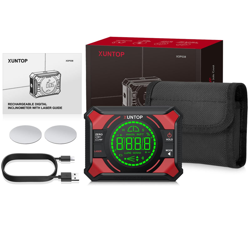 4x90/2x180°(0.01°) Digital Angle Finder with Dual Laser Digital Angle Gauge with Bottom and Back Magnetic Rechargeable Inclinometer with Digital Level Bubble (Class 2 Laser, <1mW Power Output)