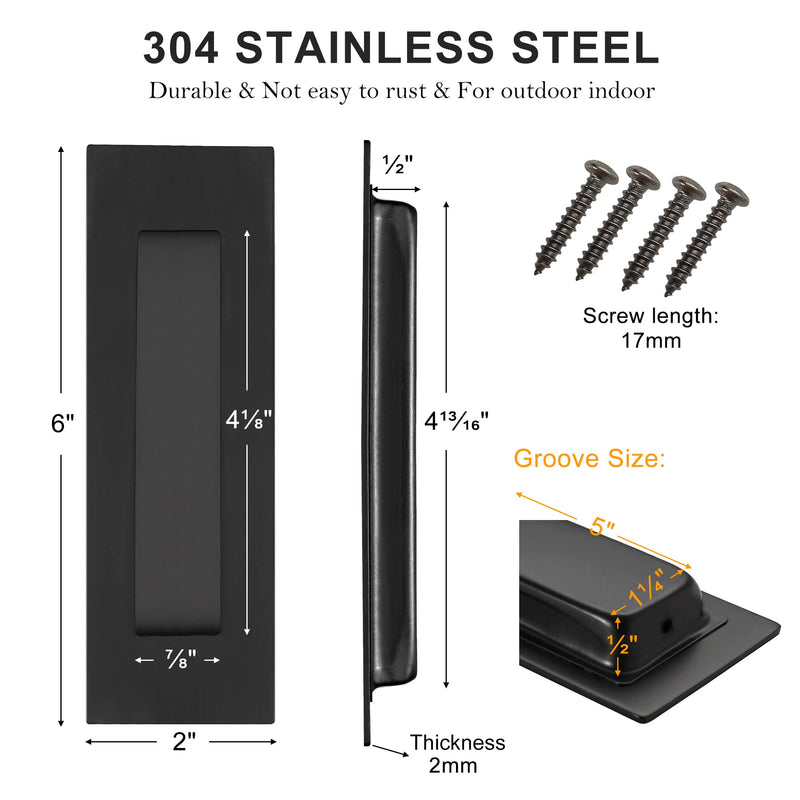 Cozy Tower 6 Inch Recessed Finger Pulls for Pocket and Sliding Doors, Closet Pulls and Handles - Matte Black Stainless Steel (2 Pack) Matte Black-2 Pack