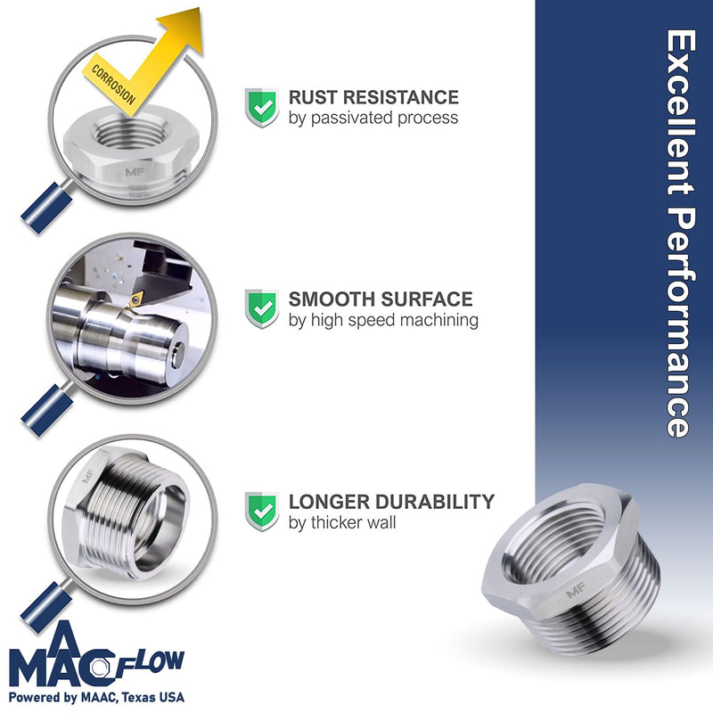 MAACFLOW Stainless Steel 3/8" Male NPT to 1/8" Female NPT Adapter Reducer Hex Bushing (Thread OD 0.65" - ID 0.34") (Pack of 1) 3/8" MNPT x 1/8" FNPT Pack of 1