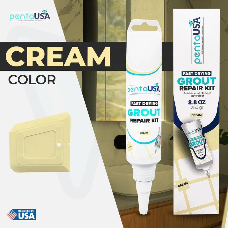 PentaUSA Tile Grout Repair Kit - Cream Grout Filler, Triple Protection, Fast Drying Formula Restores and Renews Grout Lines with Grout Float (Cream, 8.8oz / 250gr)