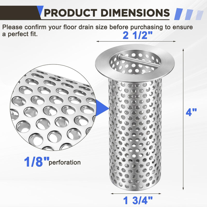 1 Pcs Commercial Floor Drain Strainer Perforated Cylindrical Mesh 316 Stainless Steel Drain Basket with Carry Handle –heavy-duty, for Restaurants, Kitchens, Factory (2" Diameter X 4" Tall) 1 2" Diameter X 4" Tall