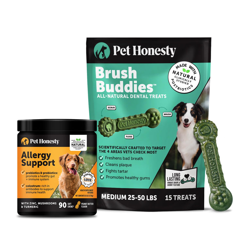 Pet Honesty Dog Wellness Virtual Bundle – Allergy Relief Immunity Chews (90 Ct) + Brush Buddies Dental Sticks for Medium Dogs (15 Ct) – Itch Support, Plaque & Breath Care