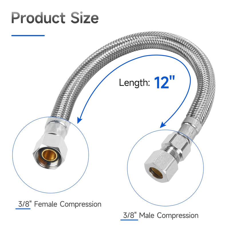 12" Faucet Supply Line Extension, 3/8" x 3/8" Comp Stainless Steel Faucet Extension Hose Connector, For Small Residence or Long Distance Extention 12 Inch