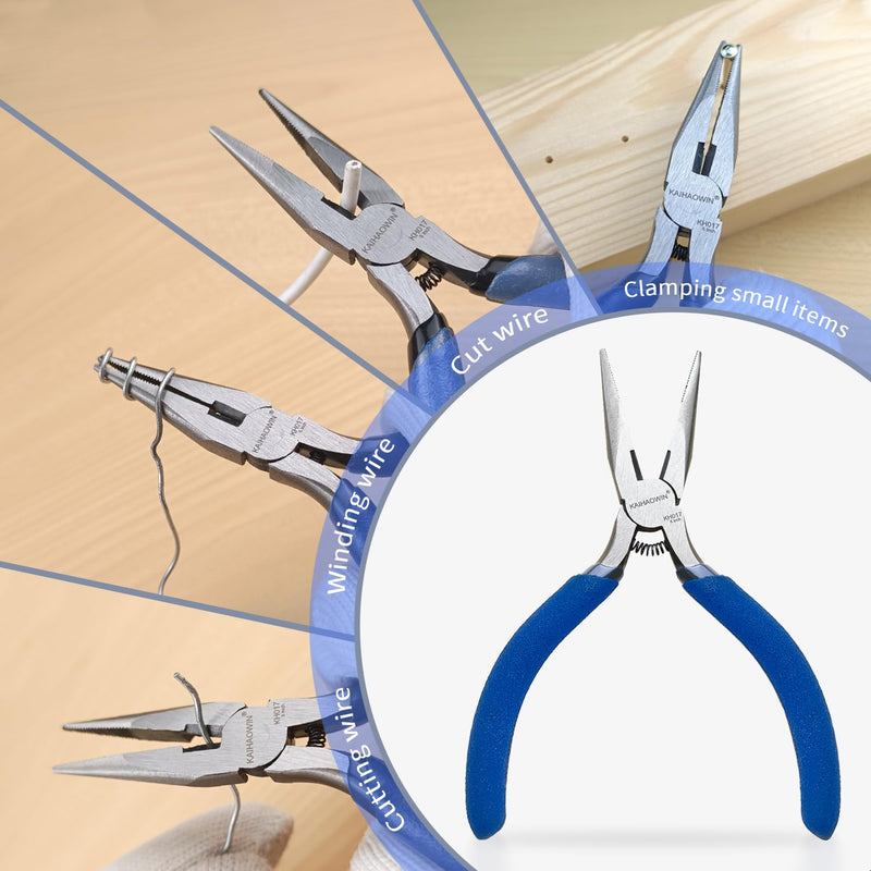 Mini Needle Nose Pliers 5"-5 Pack KAIHAOWIN Small Long Nose Pliers with Wire Cutters, Spring Loaded Thin Needle Nose Pliers, Precision Pliers Set for Crafts/Jewelry Making/Tiny Project