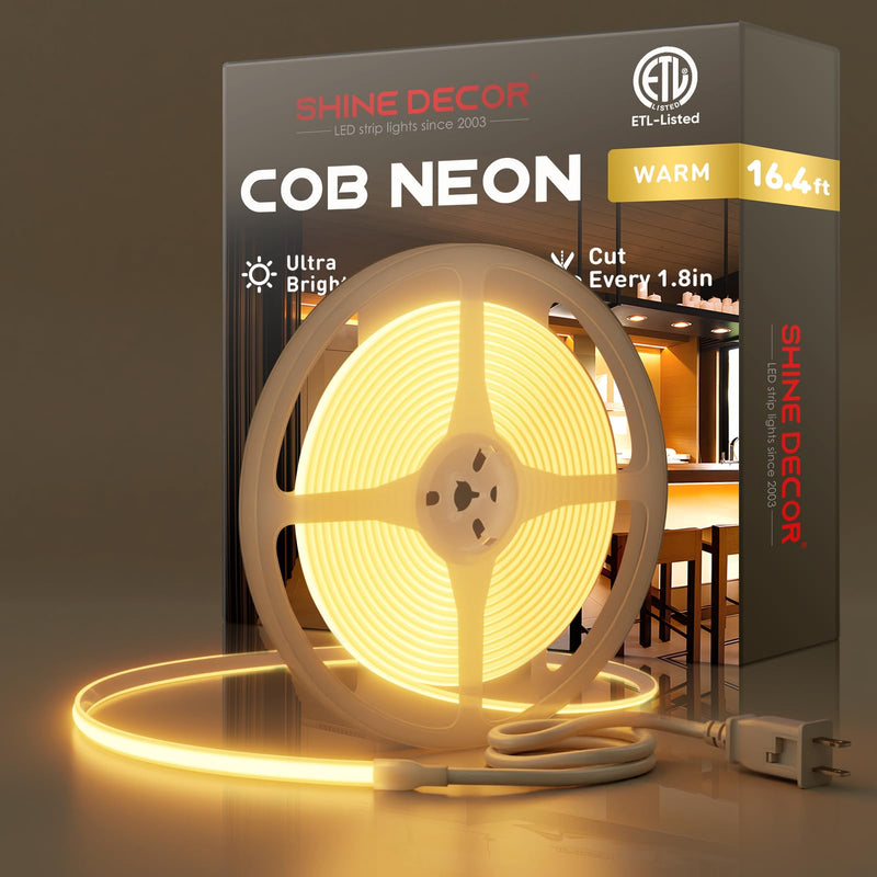 Shine Decor COB LED Rope Light AC 120V, 800lm Ultra Bright, IP65 Waterproof Cold-Resistant ETL Neon Strip, No Driver Tape Lighting for Home Commercial 10x4.5mm, 2800K Warm White, 16.4ft 16.4ft/5m