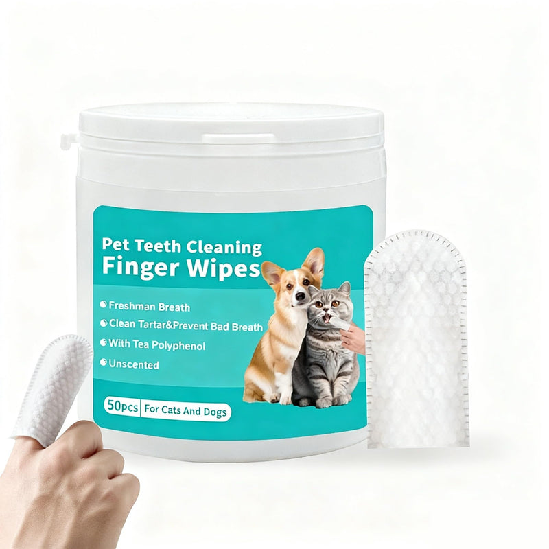 Pet Teeth Cleaning Finger Wipes, Dog Cat Dental Wipes, Unscented, with Tea Polyphenol,No-Rinse Dog Finger Toothbrush, Clean Tartar & Prevent Bad Breath, 50pcs