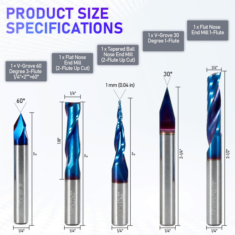 1/4" Shank CNC Router Bit Kit, Includes 1/4" ER16 Collet, V-bit, End Mills, Chamfering Bit for Woodworking MDF Resin Carving Lettering Sign Making, Nano Blue Coat & Titanium Coat