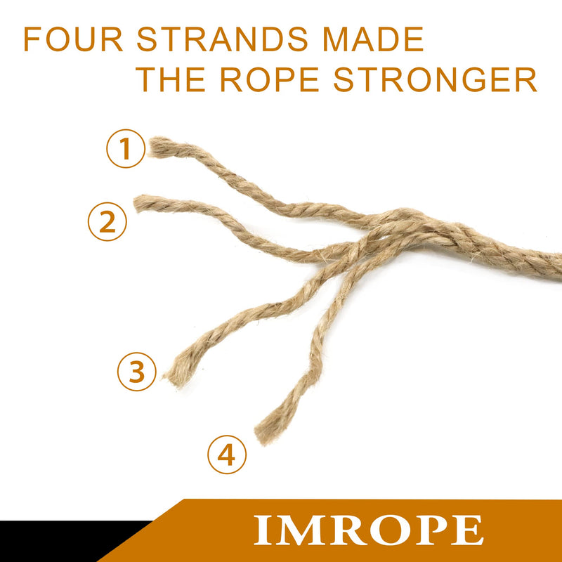 Jute Rope 1/4 Inch 100 ft 6mm Thick Natural Clothesline Garden Twine Rope, 4 Strands Heavy Duty & Strong Decorative String for Crafts, Hanging Plants, Packing & Bundling by IMROPE Natural Jute 1/4 Inch x 100 Ft