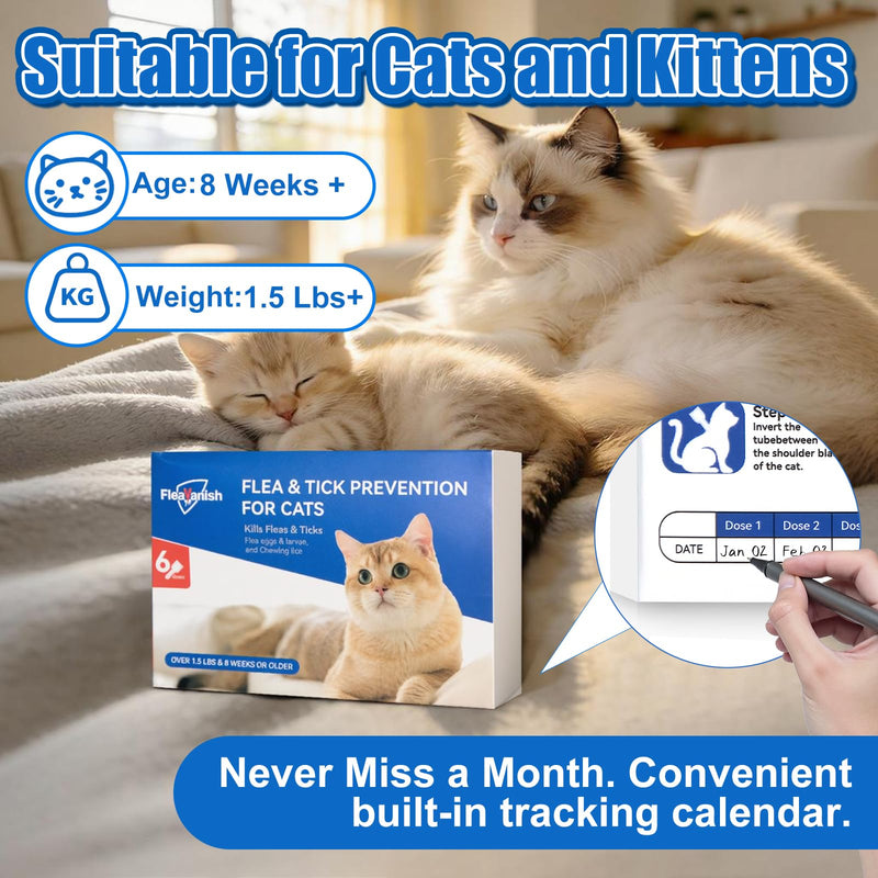 Cat Flea and Tick Drops - 6 Month Supply | Fast-Acting & Long-Lasting & Waterproof | Easy Snap-Off Tubes | Include 6 Nitrile Gloves & Tracker Calendar | for Cats Kittens 1.5 lbs+ & 8 Weeks+