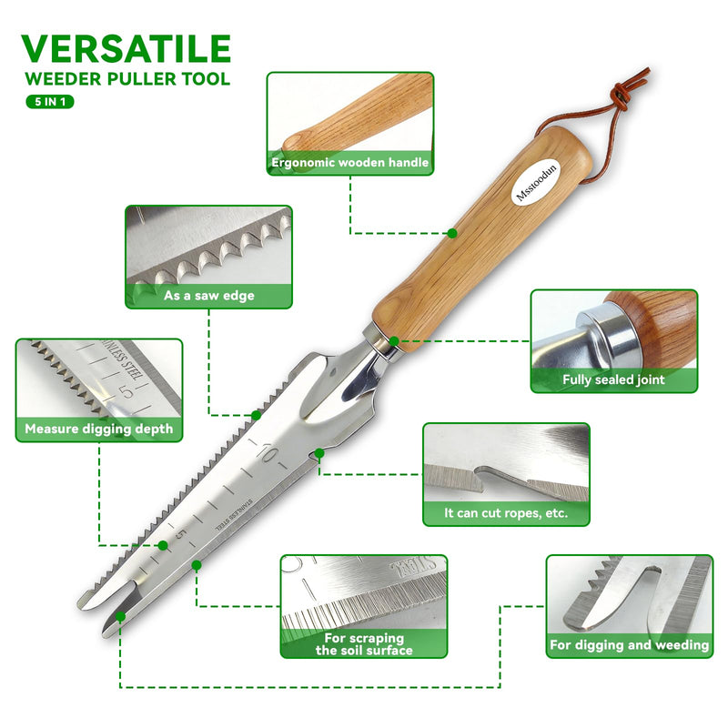 4PCS Garden Weeding Tool Set, Hand Weeder Tools with Wooden Handles, Double Claw Root Hook, V-Shape Weed Puller, Crack Weeder & Stainless Steel Garden Trowel for Digging, Planting & Weed Removal