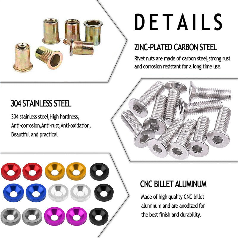20 Pcs Aluminum Bumper Washer Bumper Washer Stainless Steel Bolt Carbon Steel Rivet Nuts Engine Dress Up Kit (Gold) Gold