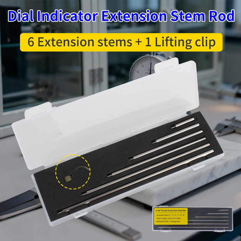 6pcs Dial Digital Indicator Extension Stem Rod Set - 1", 2", 3", 4", 5", 6" Lengths, 4-48 Thread, Combine to 0-21" Total Length (with Spindle Lifting Clip)