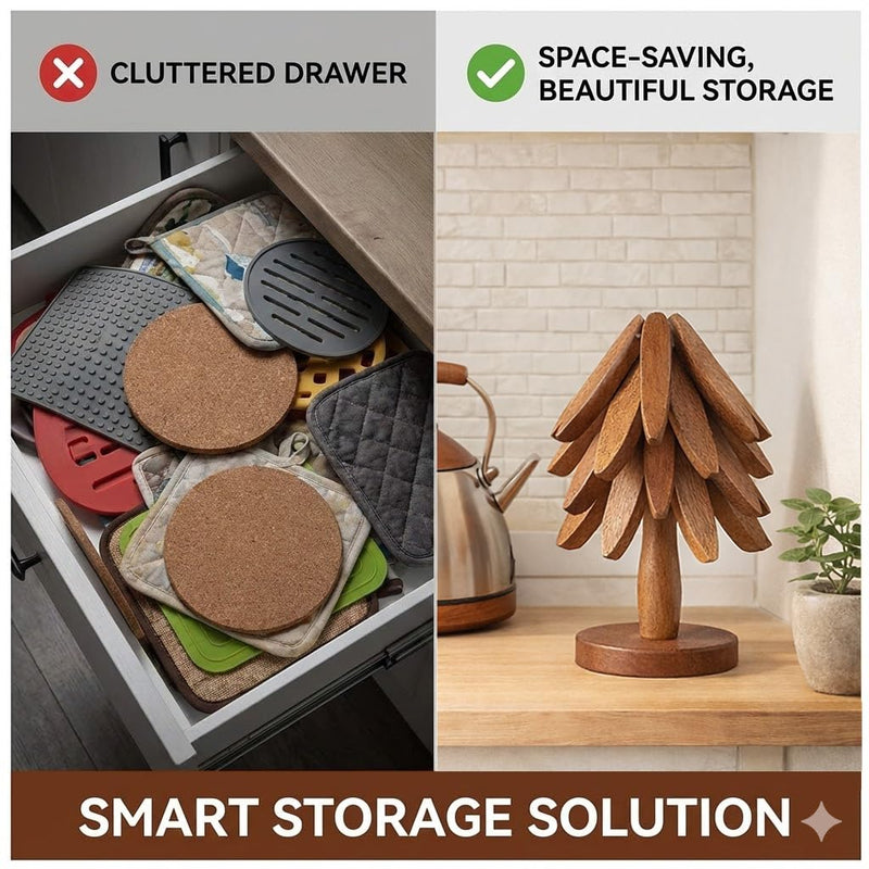 Wooden Trivets for Hot Dishes, Foldable Tree Trivet Set with Stand, 4-Layer Walnut Wood Trivet for Pots, Pans, Coffee & Teapot, Space Saving Table Protector for RV, Decorative Kitchen Decor & Gift Natural Wood