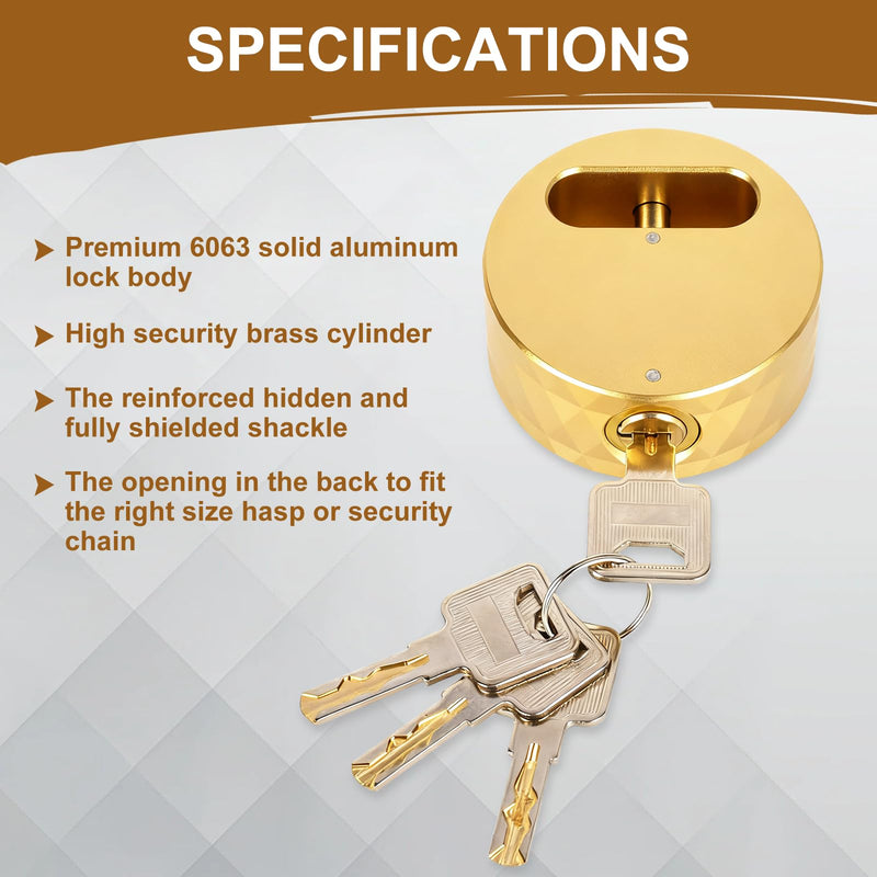 REETOMTAL Heavy Duty Hidden Shackle Lock, Solid Aluminum Puck Lock for Security Chains, Trailers Golden
