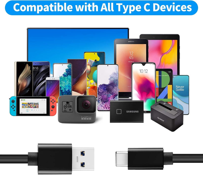 Samsung 3FT 10Gbps Data Sync Cable - USB C to USB A & C 3.2 Gen 2 for T7/5 Portable SSD, Android Auto, iPhone 15/15 Plus/15 Pro Max, Galaxy S21/S20 - Two Pack