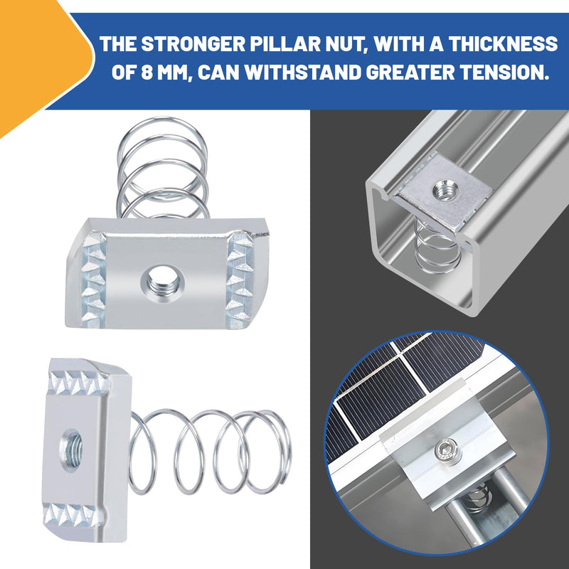 Glarks 10pcs Strut Channel Nuts with Standard Spring Kit, Thread 1/4in Spring Channel Nuts, Long Spring Nuts, Spring Strut Nuts for Strut Channel Mounts Solar Panel 1/4"