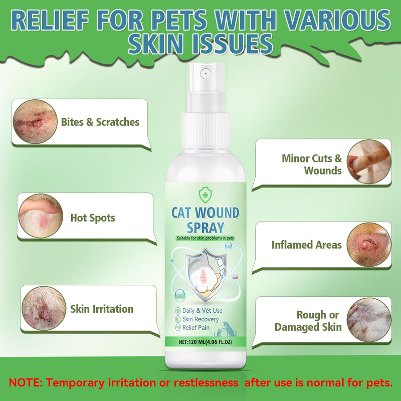 Cat Wound Spray, Wound Care for Cats, Pet Wound Care Formula for Scratching Irritation Bites Burns Redness, Supports Skin Comfort and Recovery for Kittens, Adult Cats, Pets, 120ml