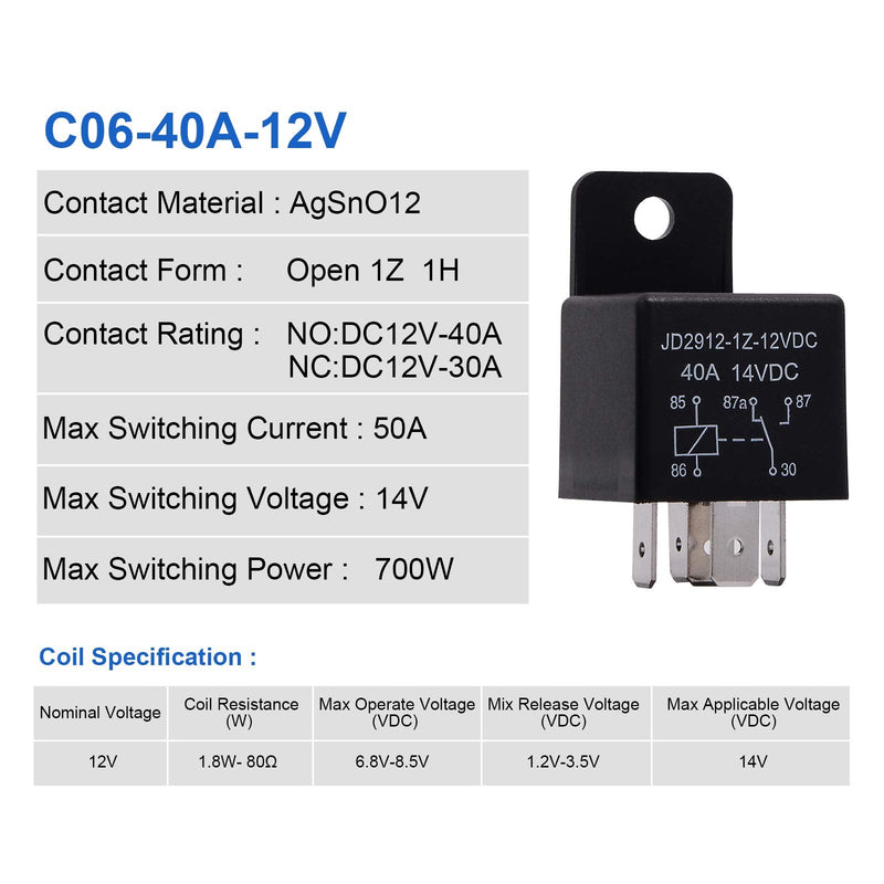 EHDIS 12V Motor Relay 5 Pin Coil 40amp Spdt Model No.: JD2912-1Z-12VDC 40A 14VDC, Contactor Relay Switch Power, Auto Switches & Starters, 5 Pack