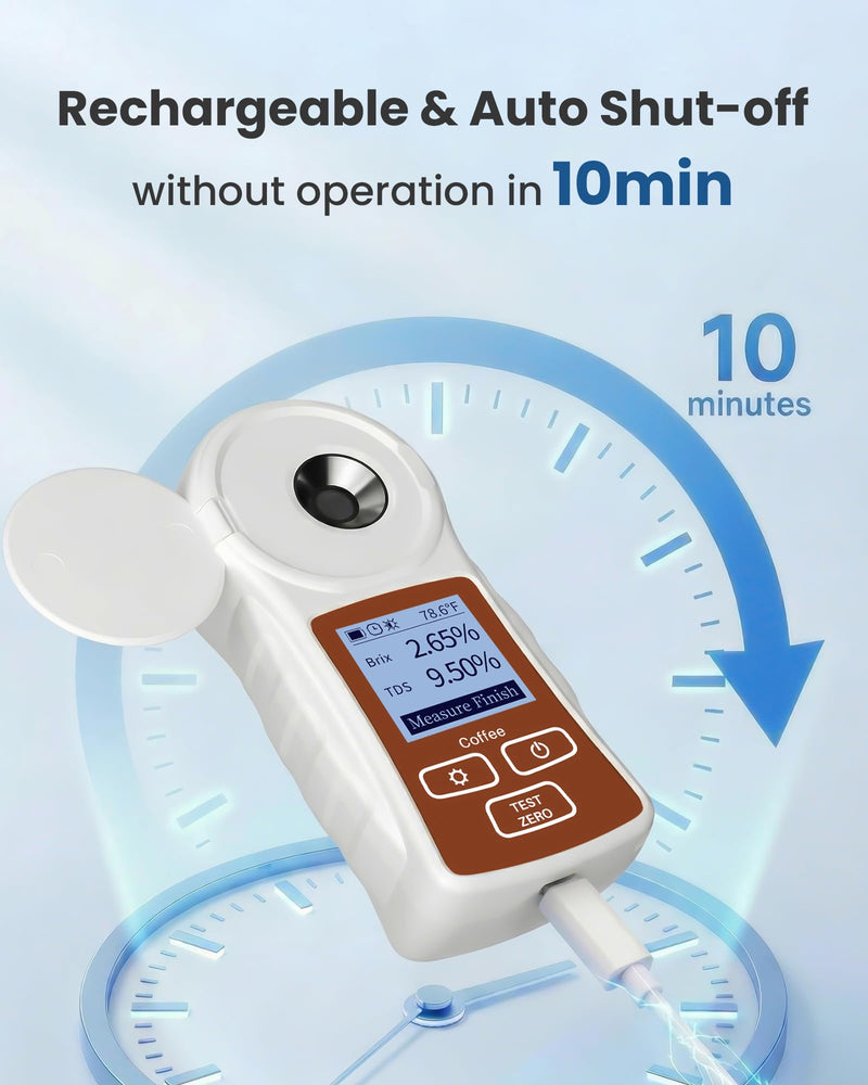 Professional Coffee Refractometer with ATC for Coffee Enthusiasts | Measure Coffee TDS & Brix, One-tap Calibration, Anti-Glare Interference, Rechargeable, Backlight, ℉/℃ Switch (0-22%, 0.2%) Brown