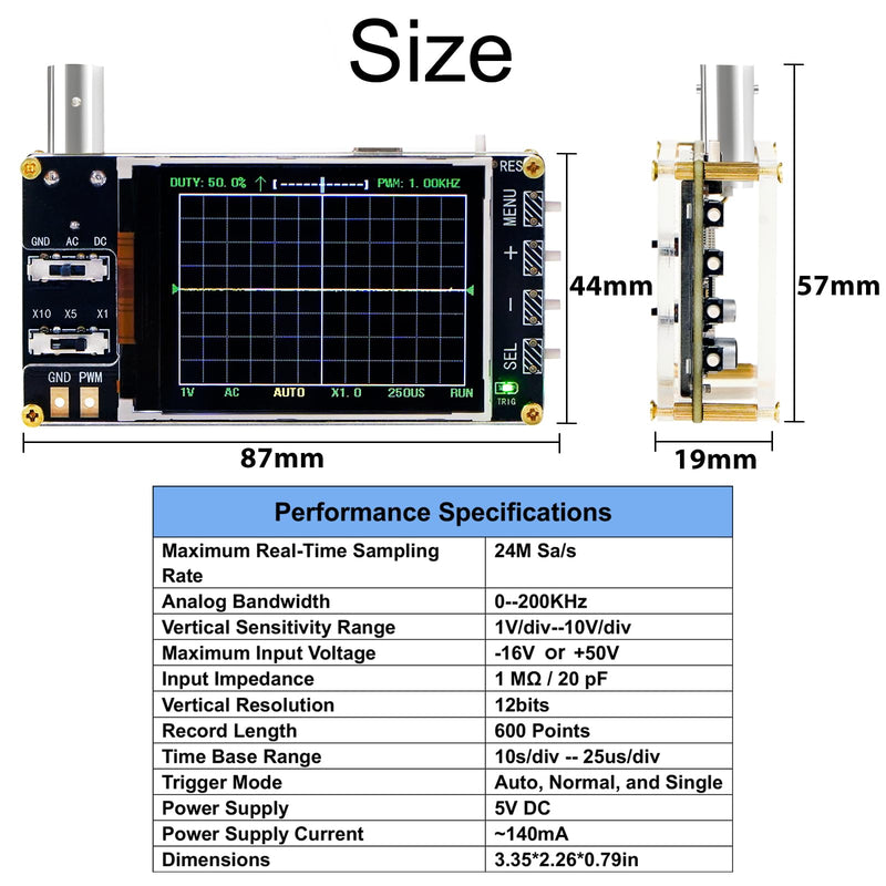 Handheld Digital Oscilloscope Kit, 2.4 LCD Screen 1MSa/s High Sampling Rate, 200KHz Bandwidth,Mini Portable Oscilloscope with Trigger Function Auto/Normal/Single，X10/X5/X1 Sensitivity
