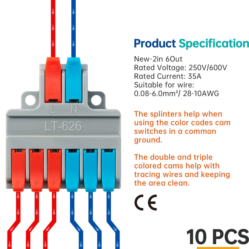 GKEEMARS 10Pcs Lever Wire Connectors, Quick Disconnect Kit Cable Clamp Terminal Blocks for Electrical Wire (2 in 6 Out) 2 in 6 out - NewNest Australia