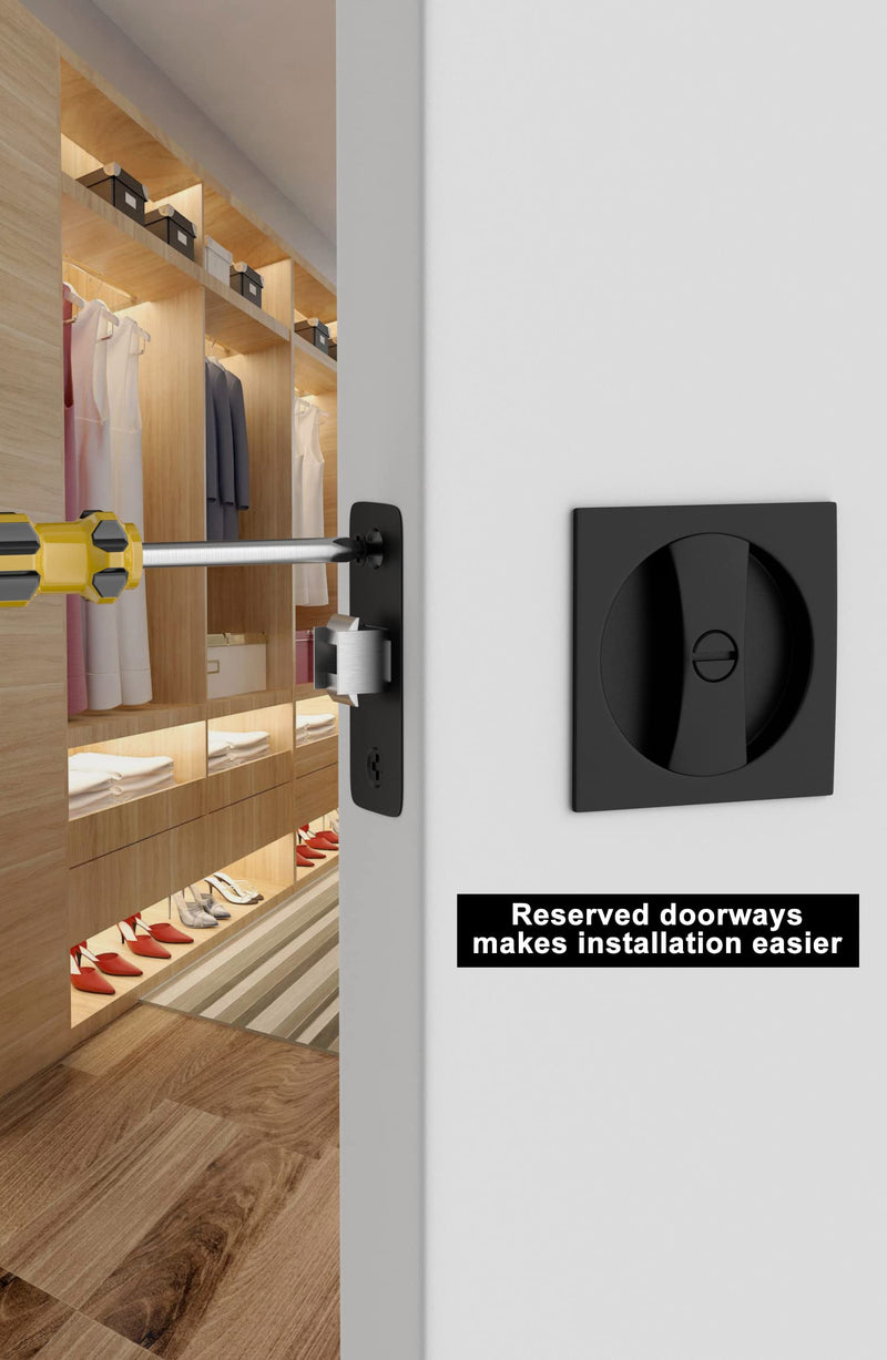 goldenwarm Bed/Bath Pocket Door Lock, Matte Black Contemporary Privacy Square Pocket Door Hardware(2-3/8" Backset), Black Flush Pocket Door Latch(1 Pack) Square Privacy - 1 Pack