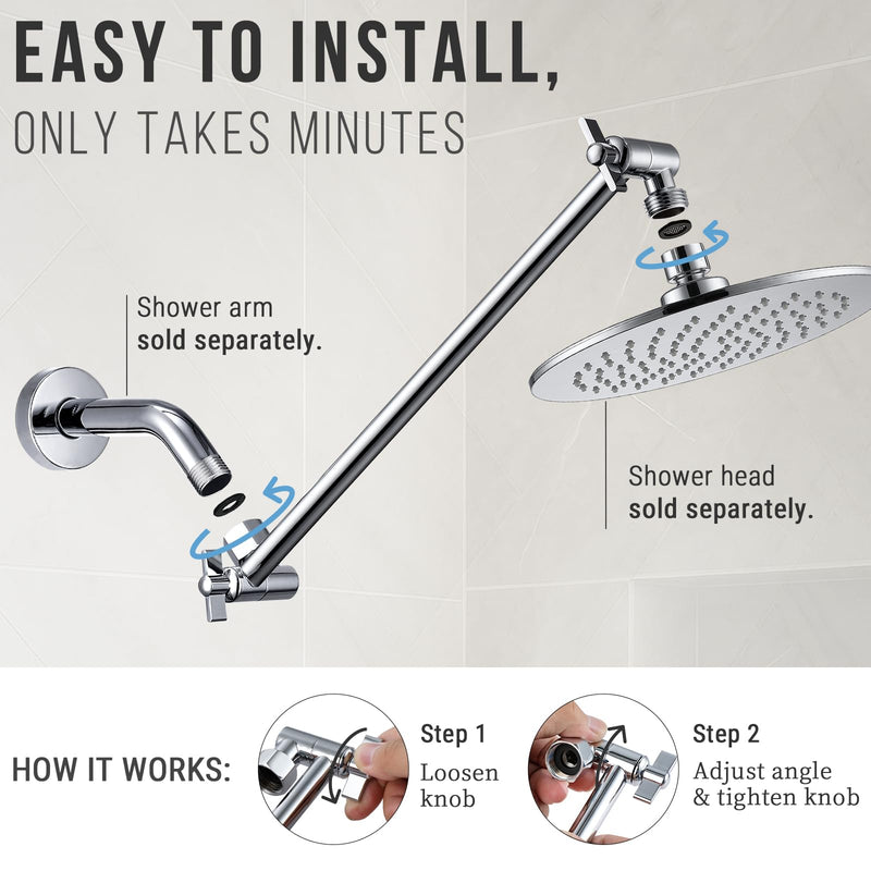G-Promise 13.5 Inch All Metal Shower Head Extension Arm, Adjustable Extender with Locking Screw for Rise or Lower Rainfall and Fixed Shower Head, Universal G1/2 Connector Replacement Part (Chrome) Chrome