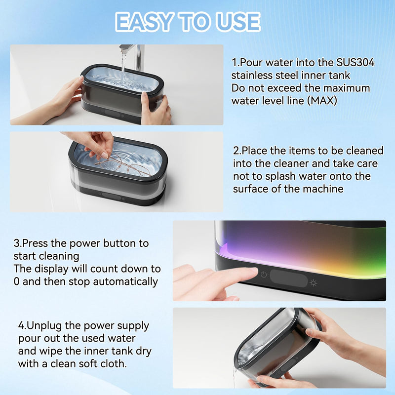 Ultrasonic Jewelry Cleaner with RGB Ambient Light, 48KHz Ultrasonic Cleaner for Jewelry, Glasses, Retainers, Dentures, Rings & Watches, 350ML SUS304 Stainless Steel Cleaning Machine, Black