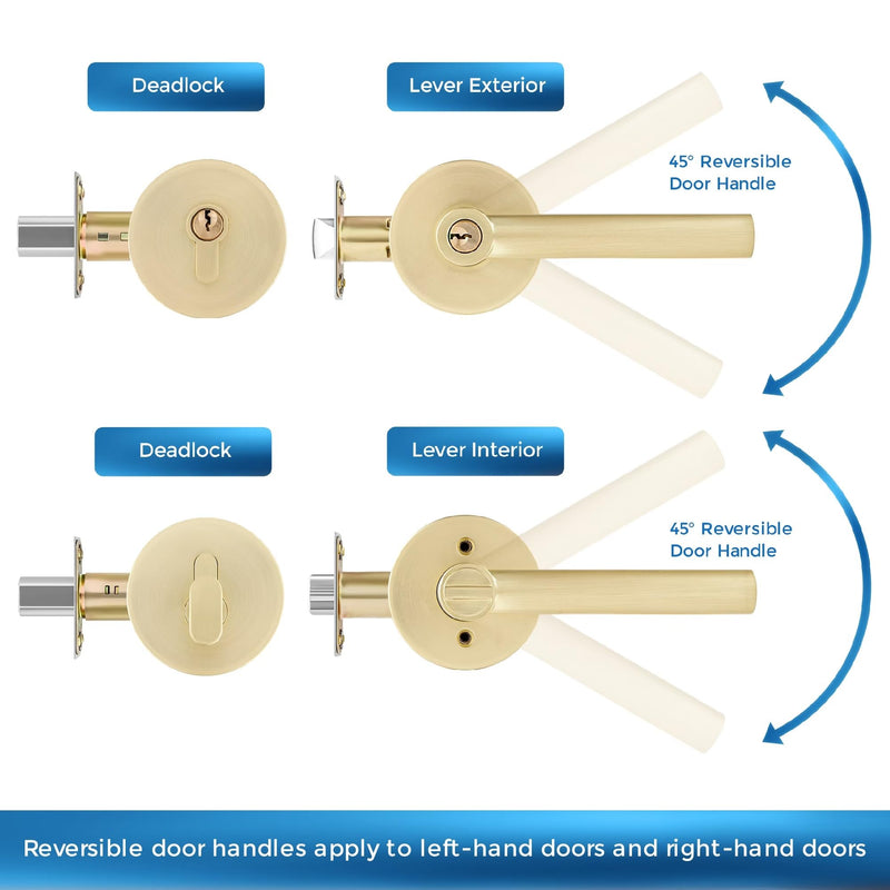 Leydebong 1 Pack Gold Heavy Duty Entrance Lever Door Handle (for Office and Front Door) Reversible for Right and Left Side Single Keyed Square Deadbolt Lock Set, Finish in Satin Brass Single Keyed Deadbolt Lockset (Keyed Alike)