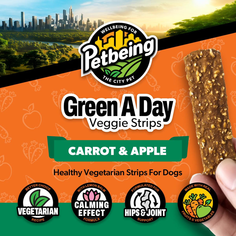 Green A Day Veggie Strips for Dogs | Carrot & Apple Vegetarian Supplement Chews | Healthy Fruit & Vegetable Treats | 4 Pack, 3 oz Bags Carrot, Apple