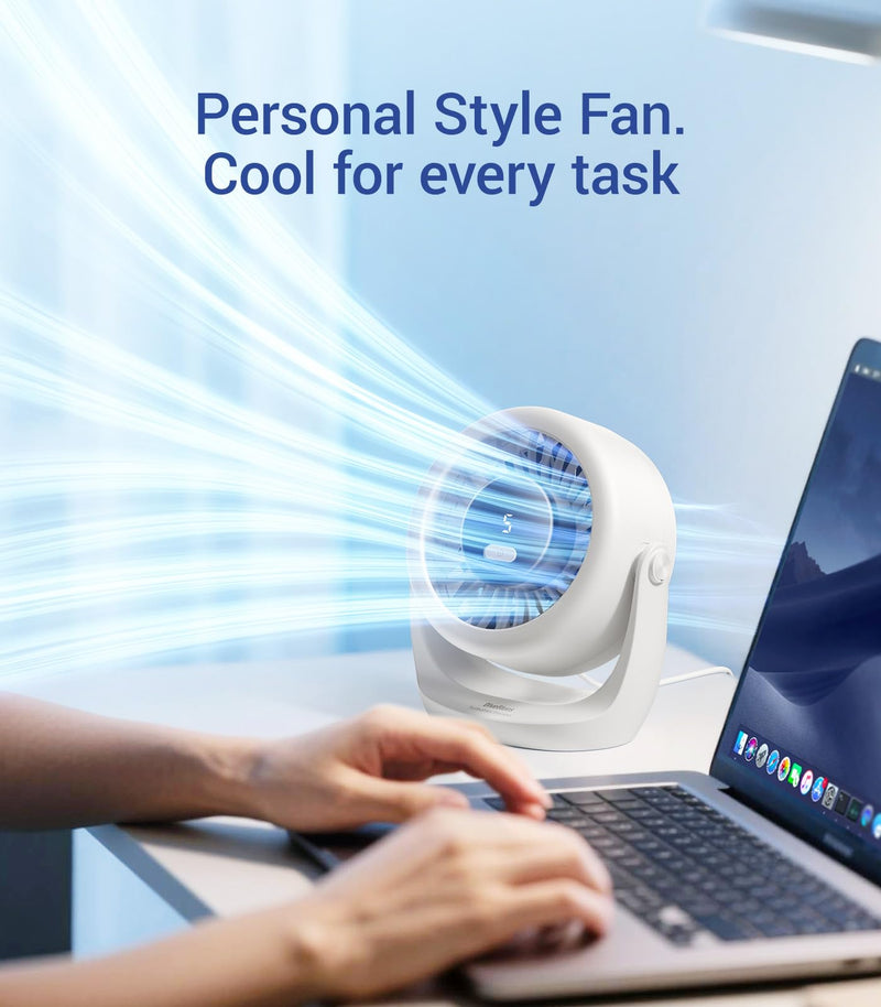 Diveblues USB Desk Turbo Fan, Ultra-Quiet Mini Desk Fan, Powerful Wind, LED Display, 5 Speed, 360° Rotating Small Portable Fan for Home, Office and Outdoor Cool Tech Gadgets - TurboBreeze Snow white